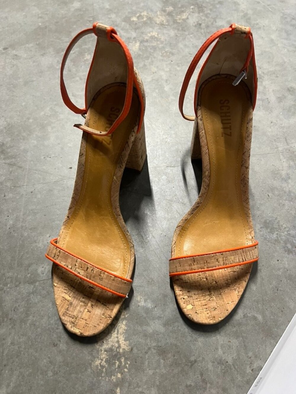 Schutz Cadey Lee Block Heel Sandals - Cork/Orange - Size 9.5 (Barely Worn)